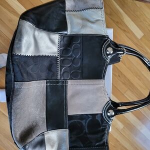 Coach Patchwork Shoulder Bag in Black and Silver